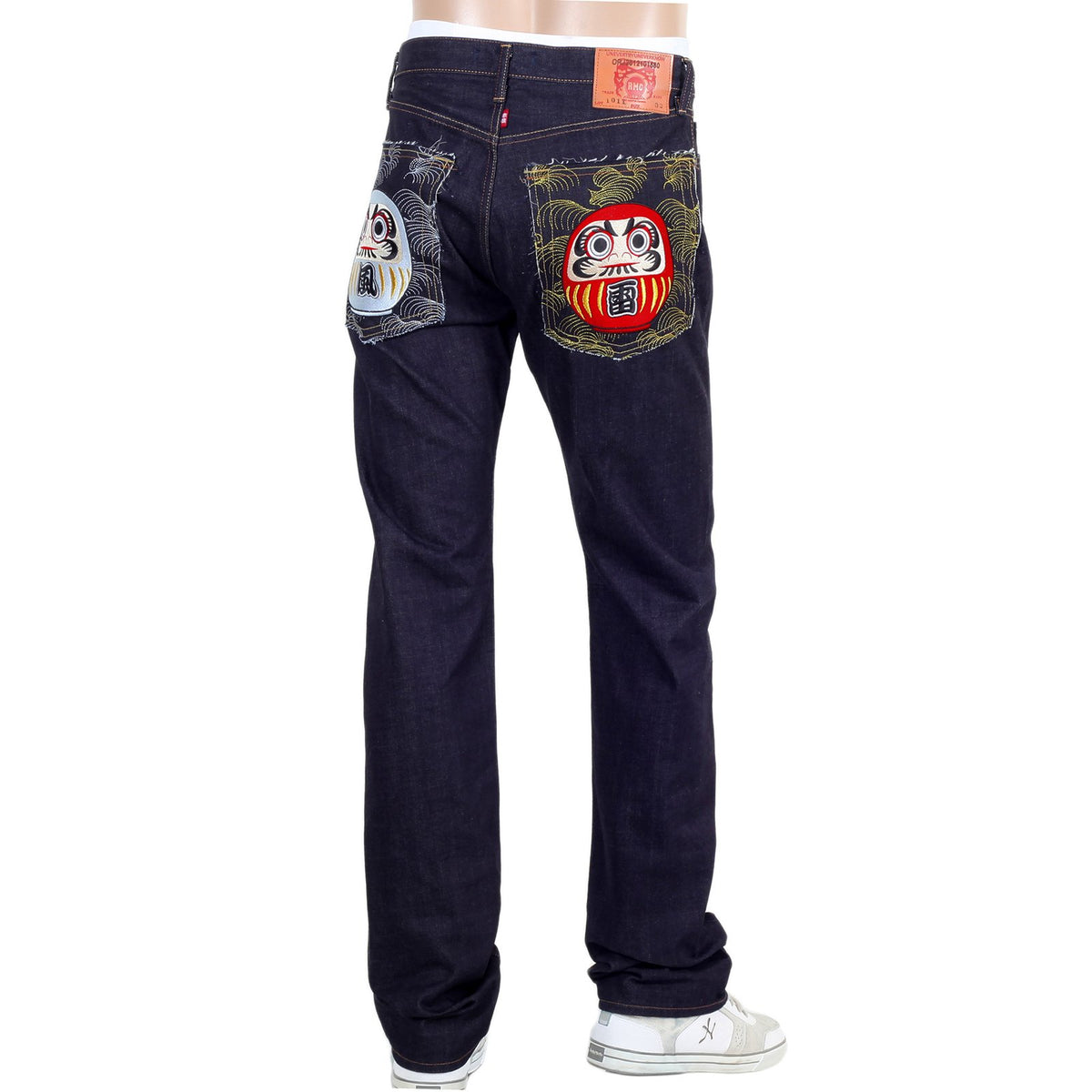 RMC JEANS MODEL 1011 UNSANFORIZED RAW SELVEDGE DENIM JEANS IN INDIGO WITH MARUDA FUJIN RAIJIN EMBROIDERY REDM4460