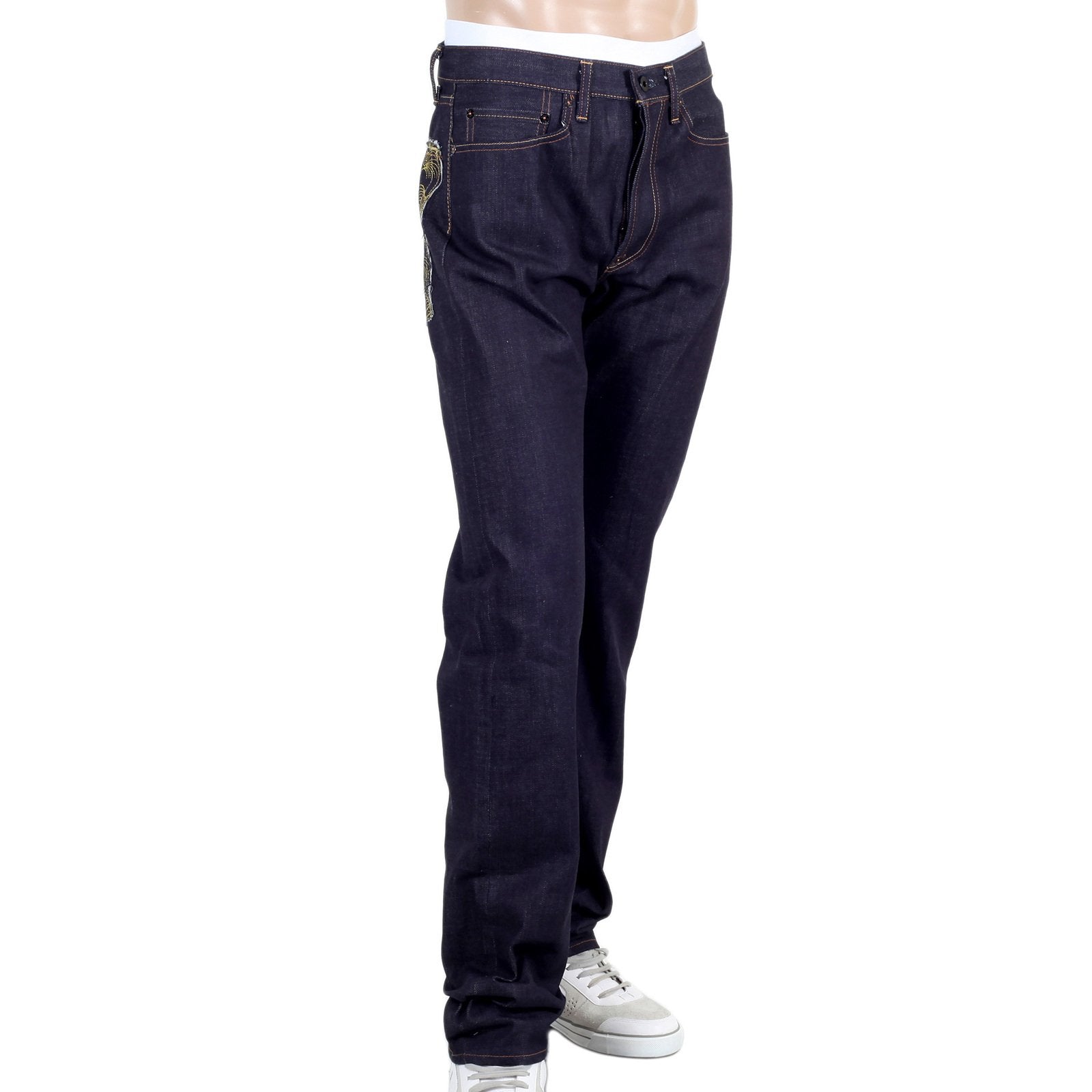 RMC JEANS MODEL 1011 UNSANFORIZED RAW SELVEDGE DENIM JEANS IN INDIGO WITH MARUDA FUJIN RAIJIN EMBROIDERY REDM4460