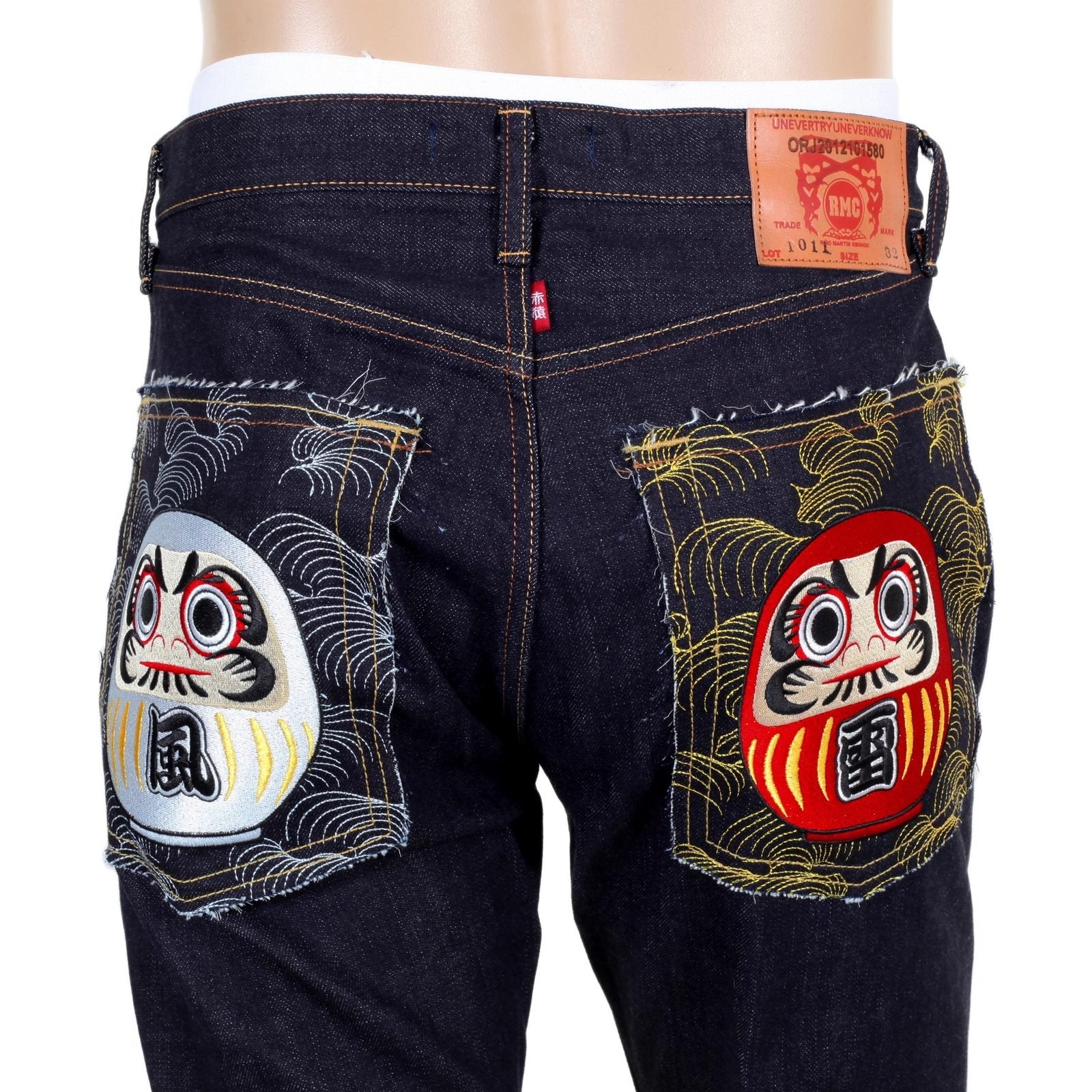 RMC JEANS MODEL 1011 UNSANFORIZED RAW SELVEDGE DENIM JEANS IN INDIGO WITH MARUDA FUJIN RAIJIN EMBROIDERY REDM4460