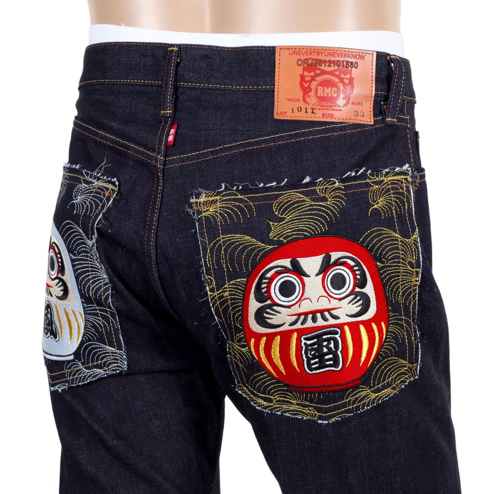 RMC JEANS MODEL 1011 UNSANFORIZED RAW SELVEDGE DENIM JEANS IN INDIGO WITH MARUDA FUJIN RAIJIN EMBROIDERY REDM4460