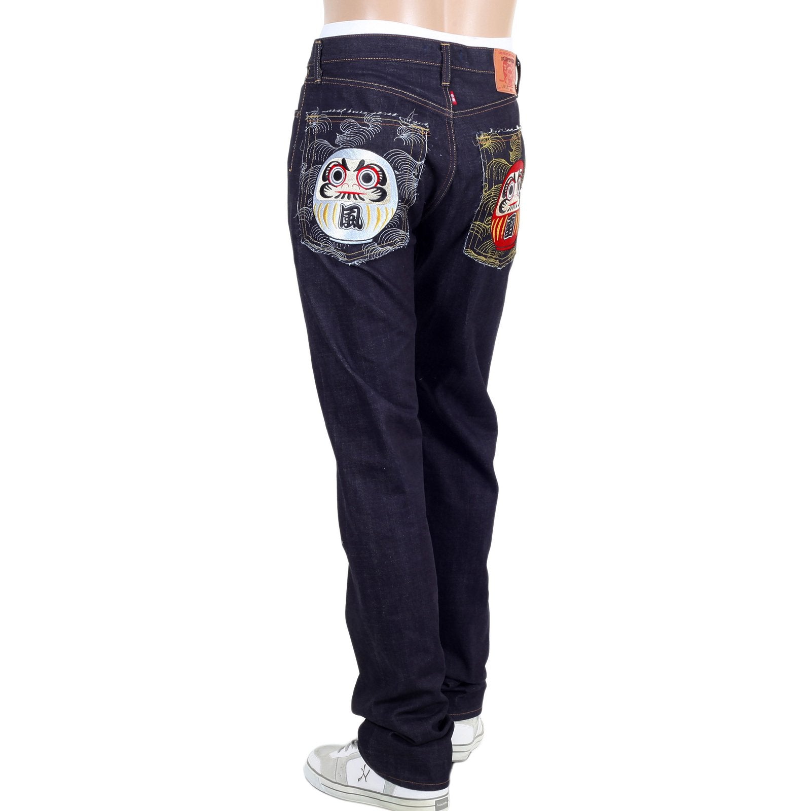 RMC JEANS MODEL 1011 UNSANFORIZED RAW SELVEDGE DENIM JEANS IN INDIGO WITH MARUDA FUJIN RAIJIN EMBROIDERY REDM4460