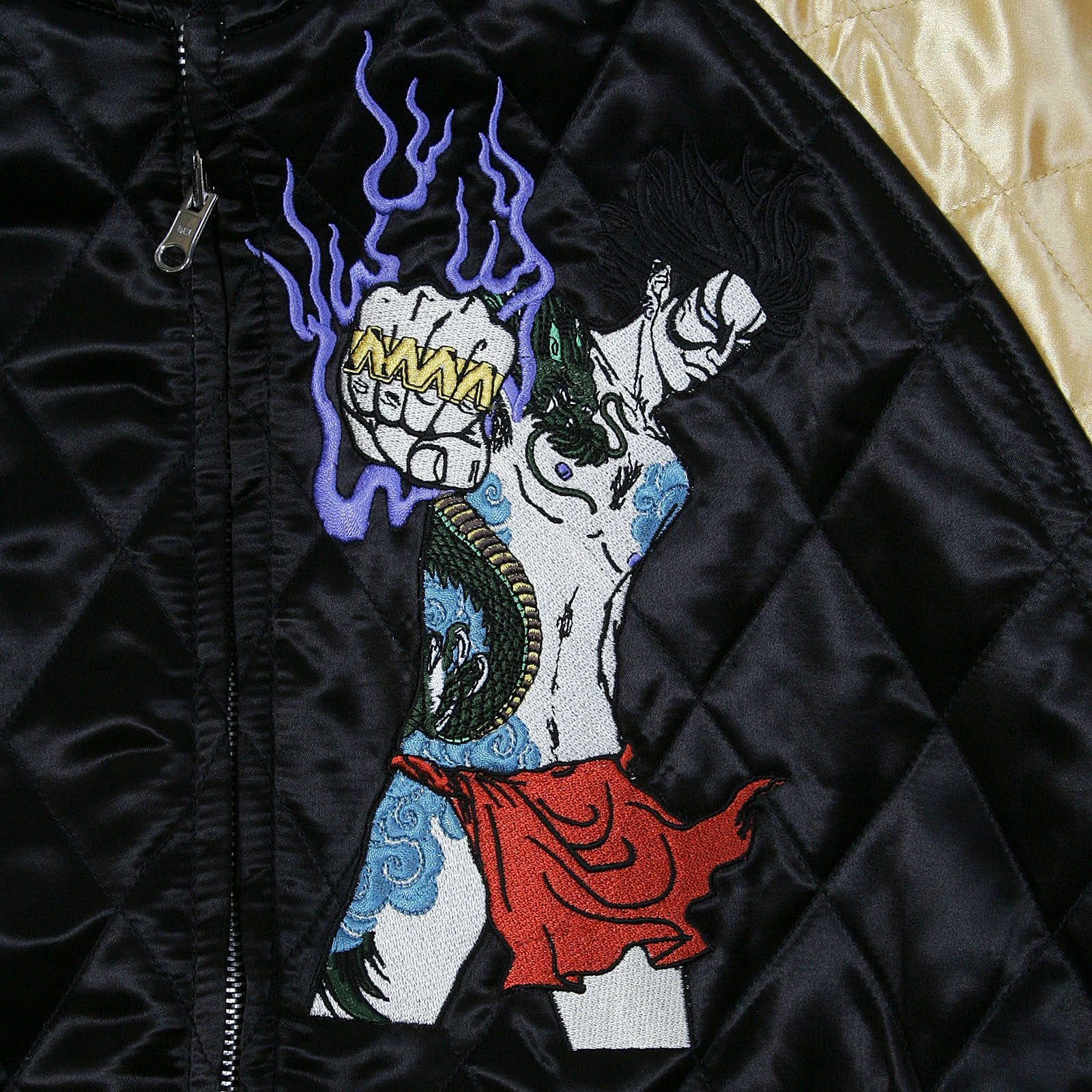 RMC JEANS X YOROPIKO 4A HERO EMBROIDERED RMC 4A FULLY REVERSIBLE REGULAR FIT QUILTED JACKET IN BLACK AND GOLD REDM2140A