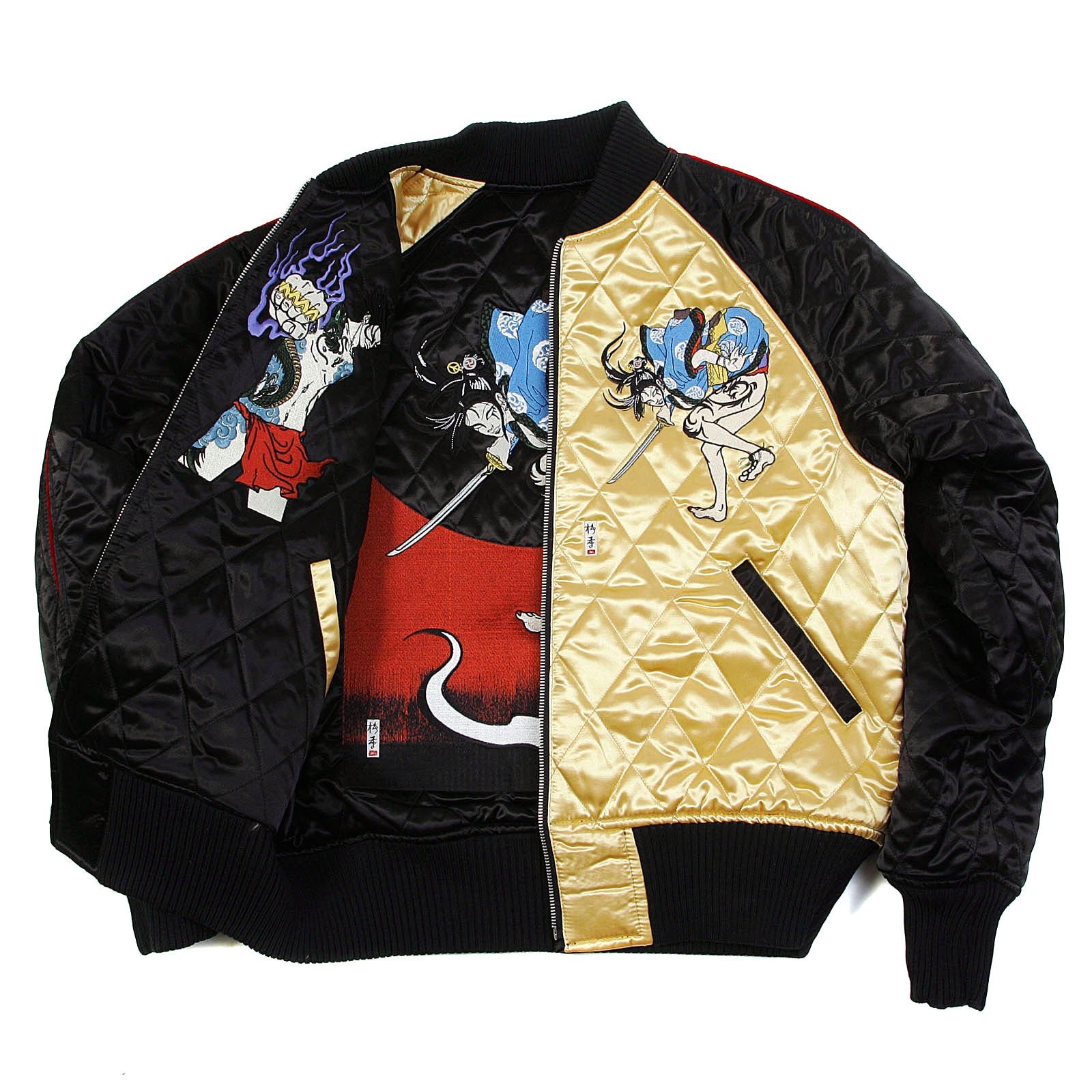 RMC JEANS X YOROPIKO 4A HERO EMBROIDERED RMC 4A FULLY REVERSIBLE REGULAR FIT QUILTED JACKET IN BLACK AND GOLD REDM2140A