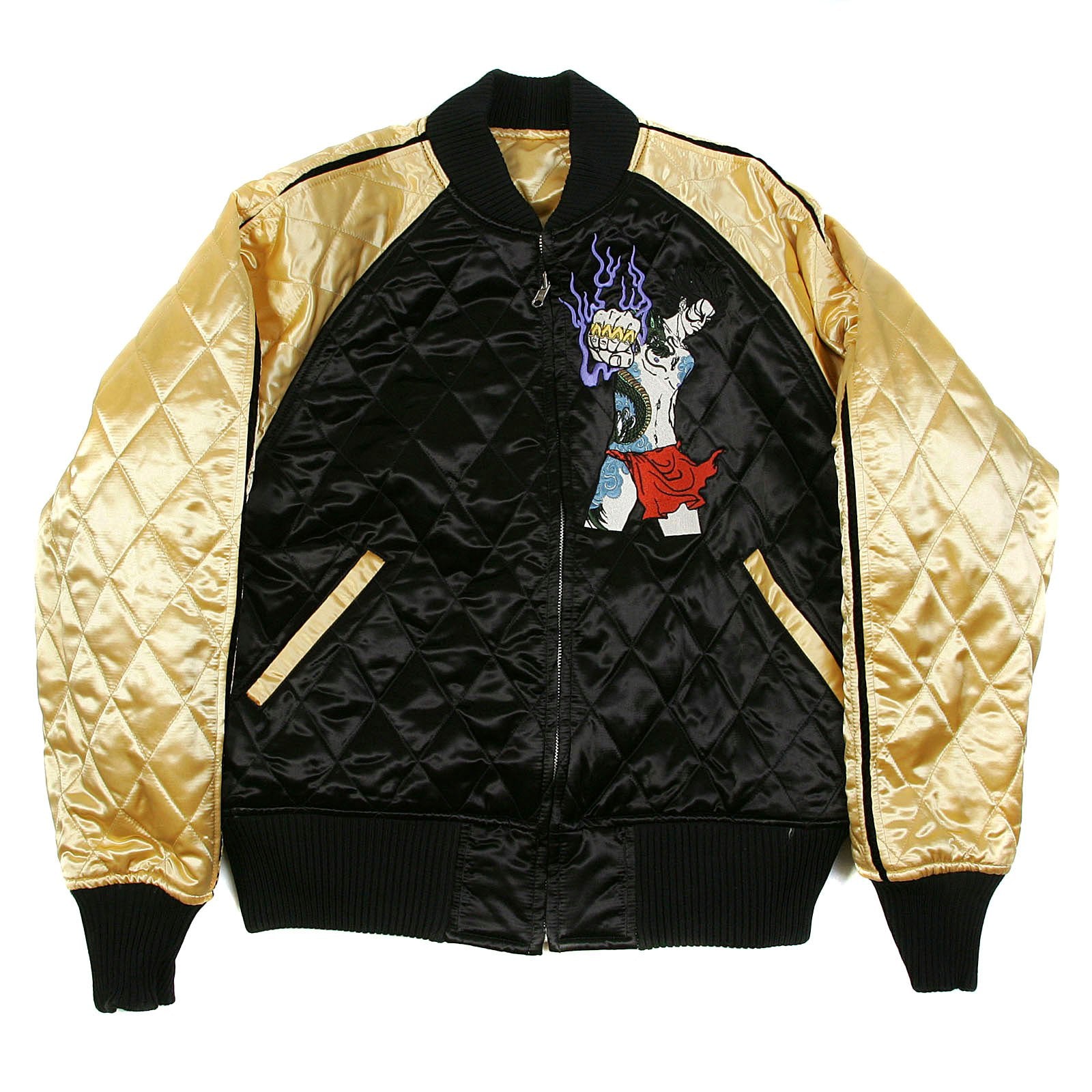 RMC JEANS X YOROPIKO SAMURAI AND 4A HERO EMBROIDERED RMC 4A FULLY REVERSIBLE QUILTED JACKET IN GOLD AND BLACK REDM2140