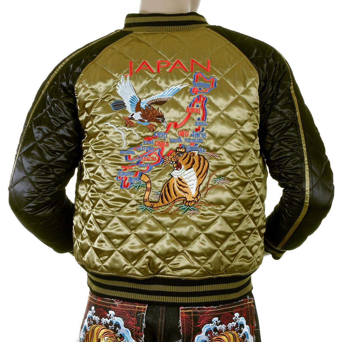 YOROPIKO RMC EXCLUSIVE TIGER EMBROIDERED SILK GOLD AND BLACK FULLY REVERSIBLE JAPAN SOUVENIR JACKET YORO5662A