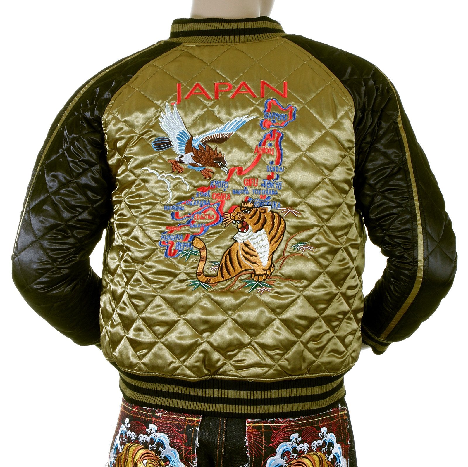 RMC MARTIN KSOHOH EAGLE AND TIGER EMBROIDERED EXCLUSIVE FULLY REVERSIBLE SILK QUILTED JACKET IN GOLD AND BLACK REDM5662A