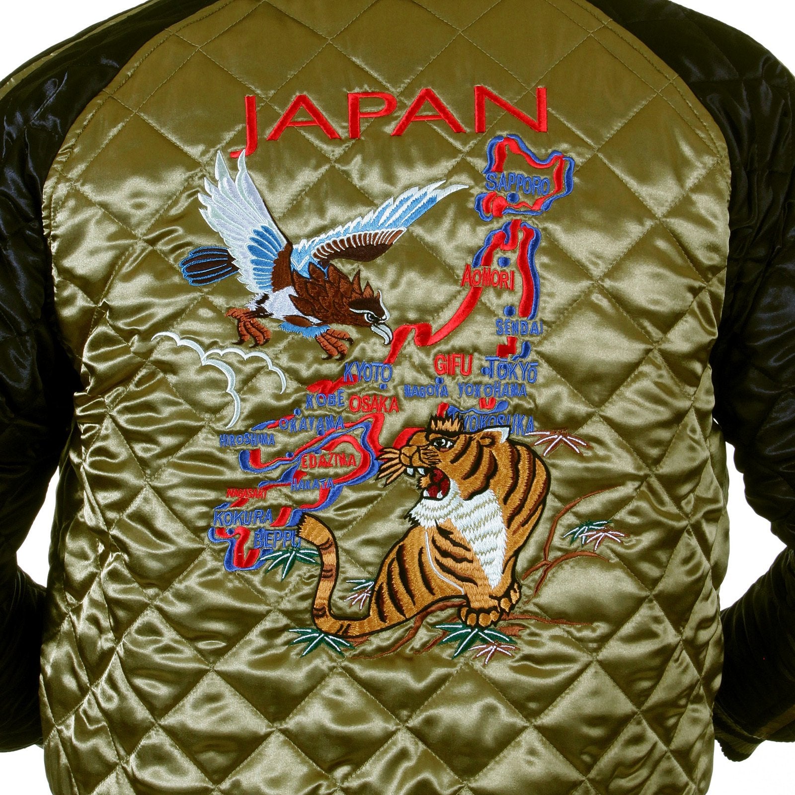 RMC MARTIN KSOHOH EAGLE AND TIGER EMBROIDERED EXCLUSIVE FULLY REVERSIBLE SILK QUILTED JACKET IN GOLD AND BLACK REDM5662A