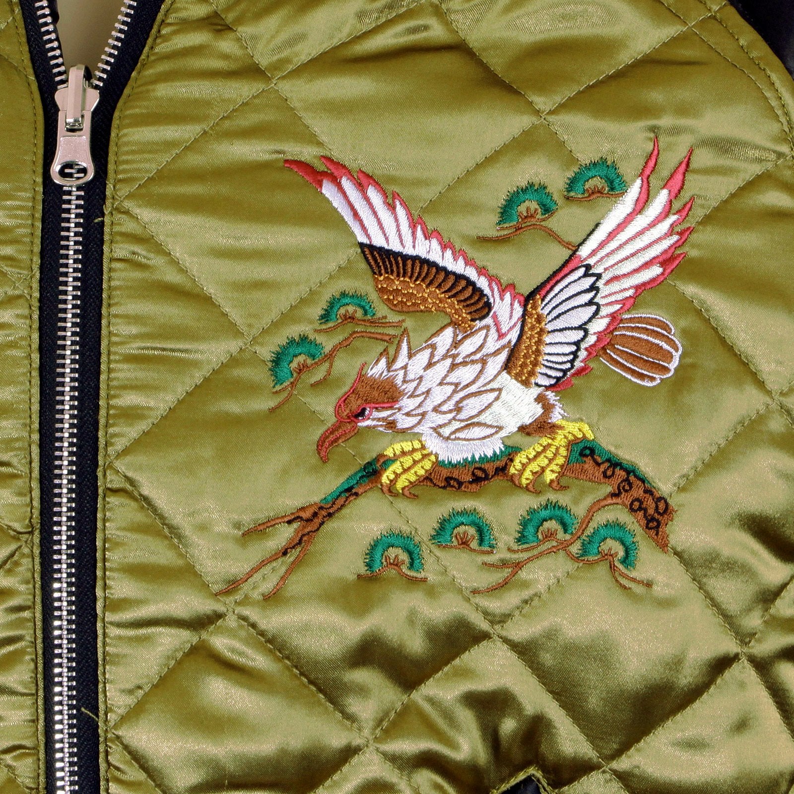 RMC MARTIN KSOHOH EAGLE AND TIGER EMBROIDERED EXCLUSIVE FULLY REVERSIBLE SILK QUILTED JACKET IN GOLD AND BLACK REDM5662A