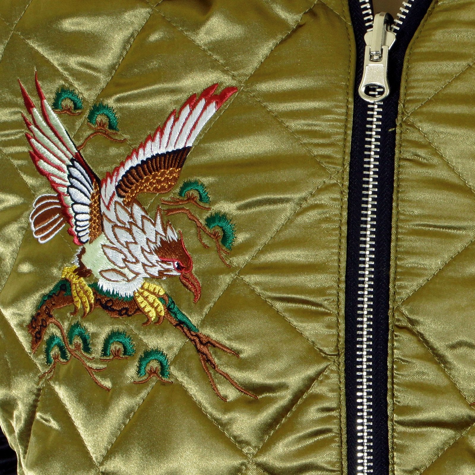 RMC MARTIN KSOHOH EAGLE AND TIGER EMBROIDERED EXCLUSIVE FULLY REVERSIBLE SILK QUILTED JACKET IN GOLD AND BLACK REDM5662A