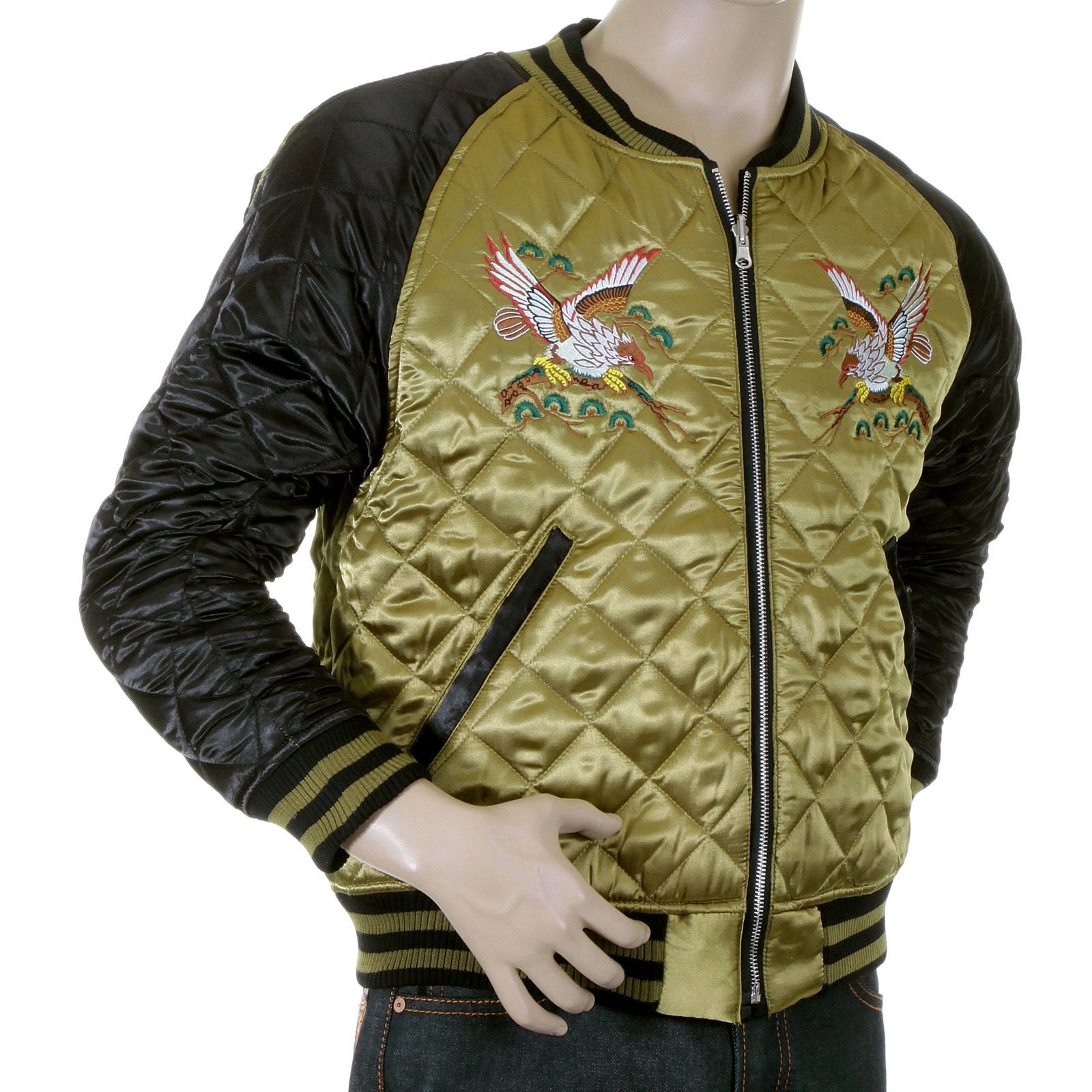 RMC MARTIN KSOHOH EAGLE AND TIGER EMBROIDERED EXCLUSIVE FULLY REVERSIBLE SILK QUILTED JACKET IN GOLD AND BLACK REDM5662A