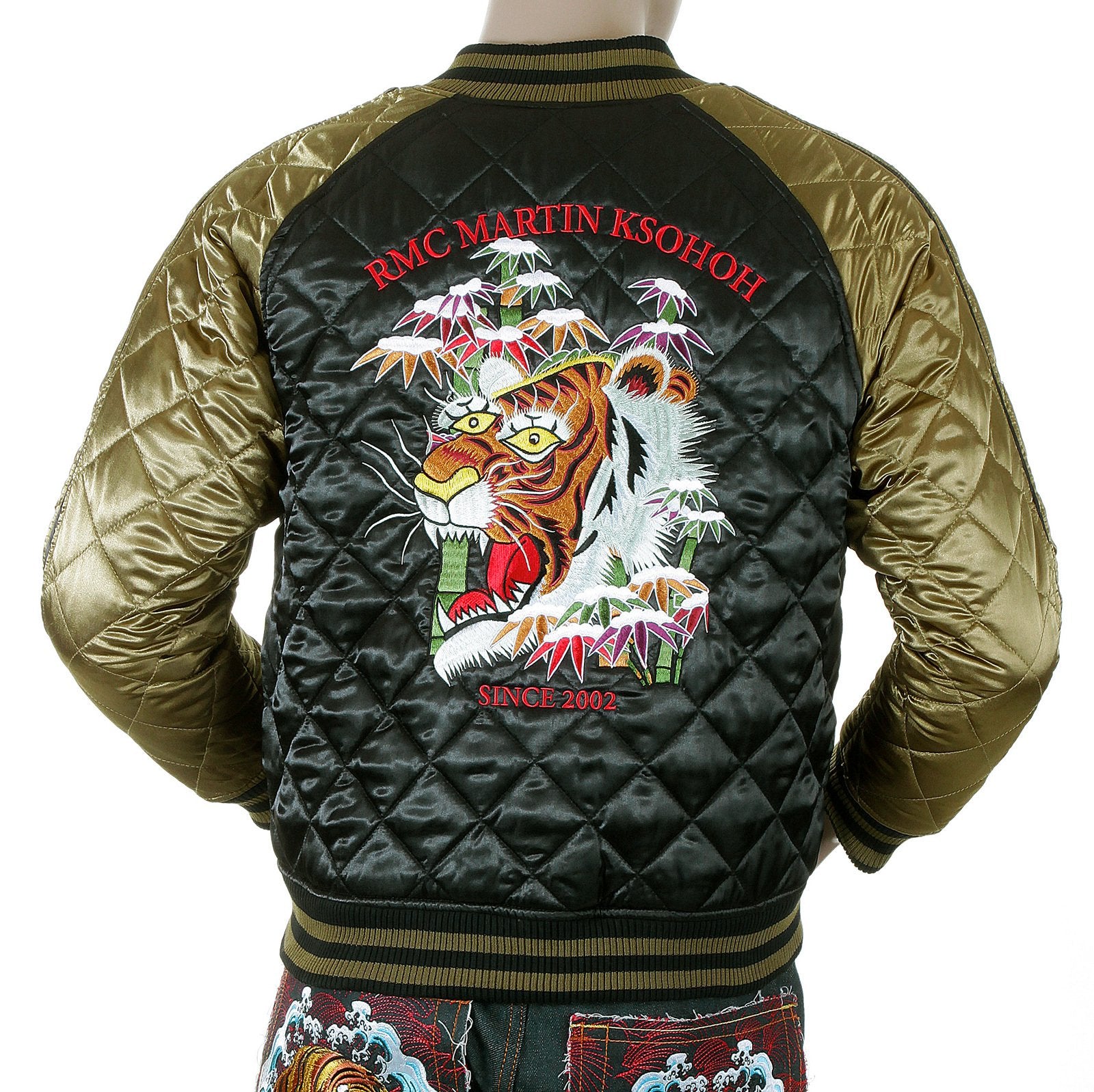 YOROPIKO RMC EXCLUSIVE TIGER EMBROIDERED SILK GOLD AND BLACK FULLY REVERSIBLE JAPAN SOUVENIR JACKET YORO5662A