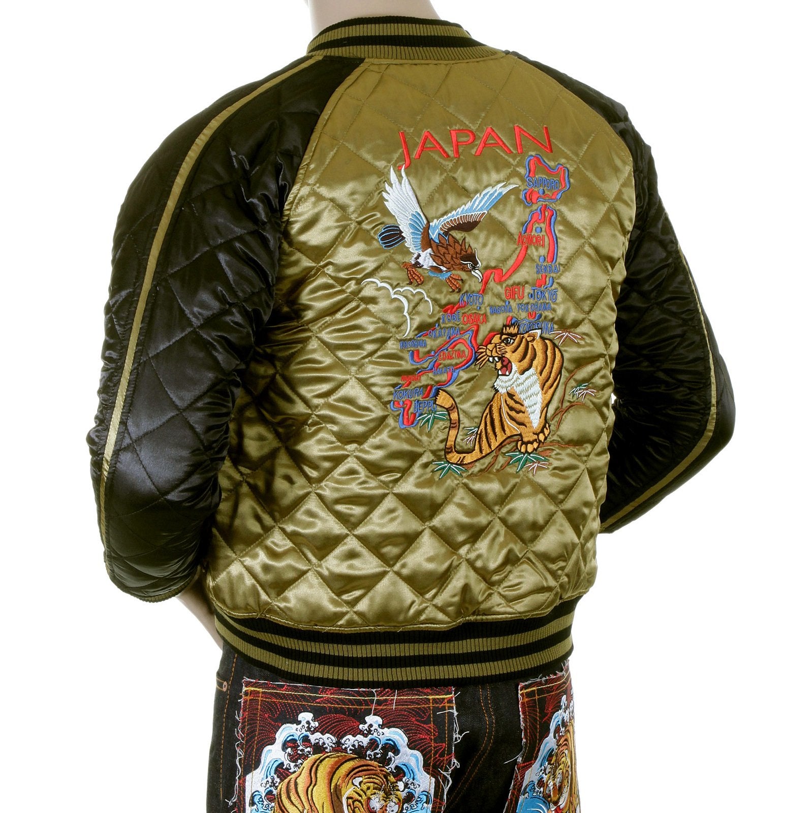 RMC MARTIN KSOHOH EAGLE AND TIGER EMBROIDERED EXCLUSIVE FULLY REVERSIBLE SILK QUILTED JACKET IN GOLD AND BLACK REDM5662A