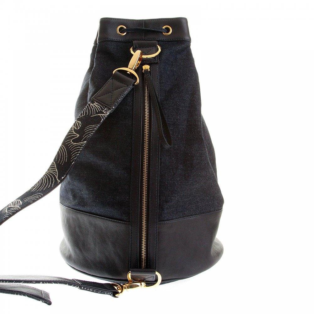 RMC JEANS UNISEX FULLY LINED DENIM WITH LEATHER DUFFLE BAG WITH PULL CORD CLOSURE TOP REDM5523