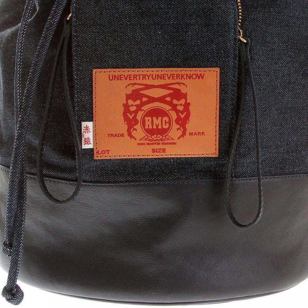 RMC JEANS UNISEX FULLY LINED DENIM WITH LEATHER DUFFLE BAG WITH PULL CORD CLOSURE TOP REDM5523