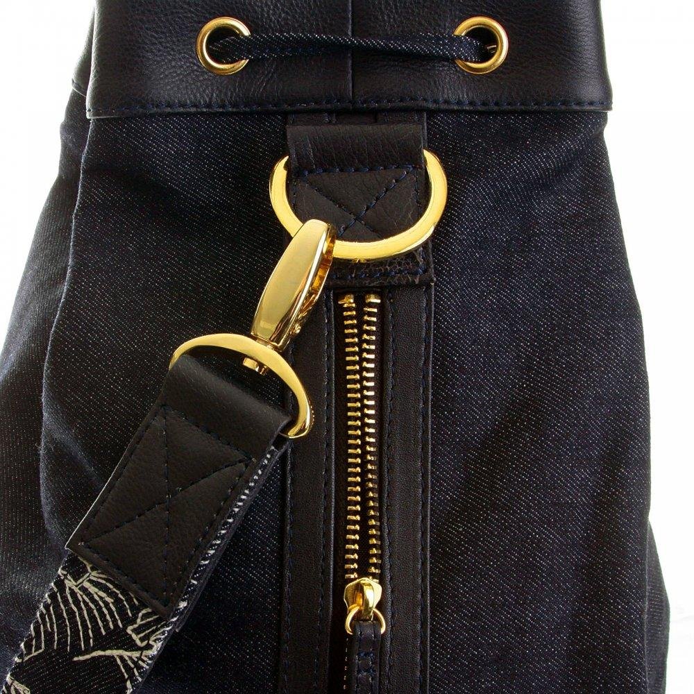 RMC JEANS UNISEX FULLY LINED DENIM WITH LEATHER DUFFLE BAG WITH PULL CORD CLOSURE TOP REDM5523
