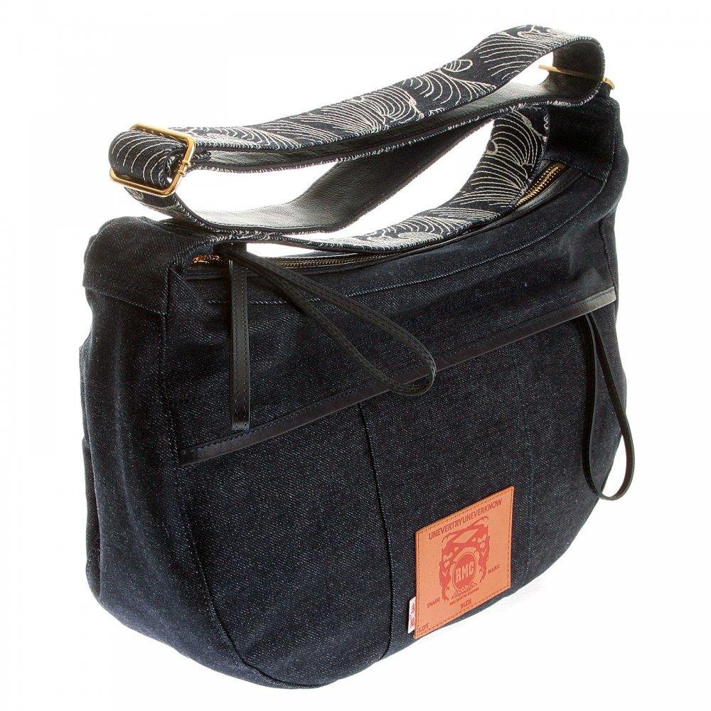 RMC JEANS FULLY LINED UNISEX DENIM SHOULDER BAG WITH LEATHER HANDLES, ZIP PULLS AND TRIM REDM5528