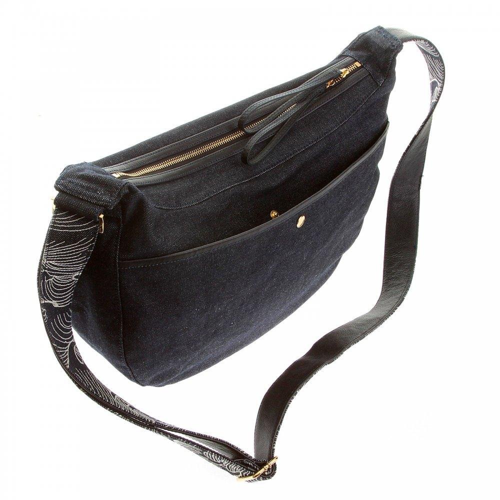 RMC JEANS FULLY LINED UNISEX DENIM SHOULDER BAG WITH LEATHER HANDLES, ZIP PULLS AND TRIM REDM5528