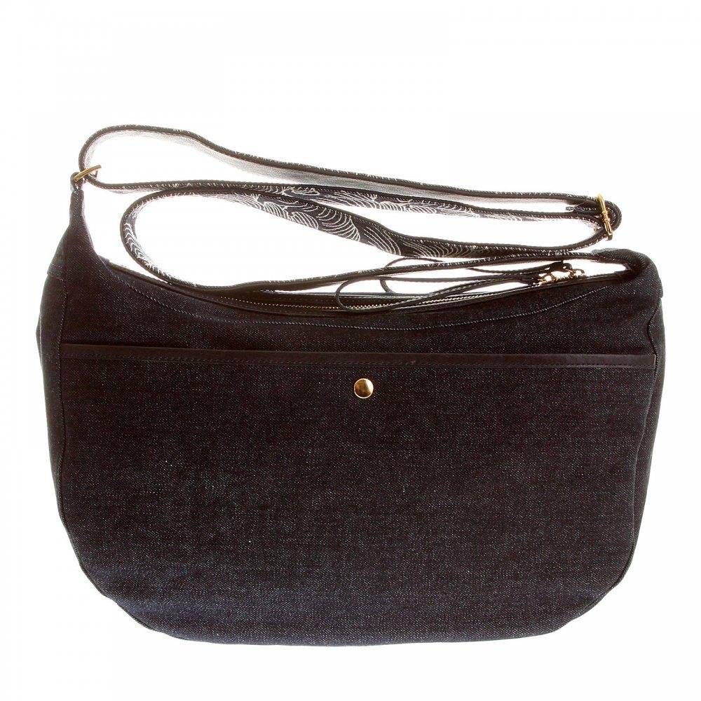RMC JEANS FULLY LINED UNISEX DENIM SHOULDER BAG WITH LEATHER HANDLES, ZIP PULLS AND TRIM REDM5528