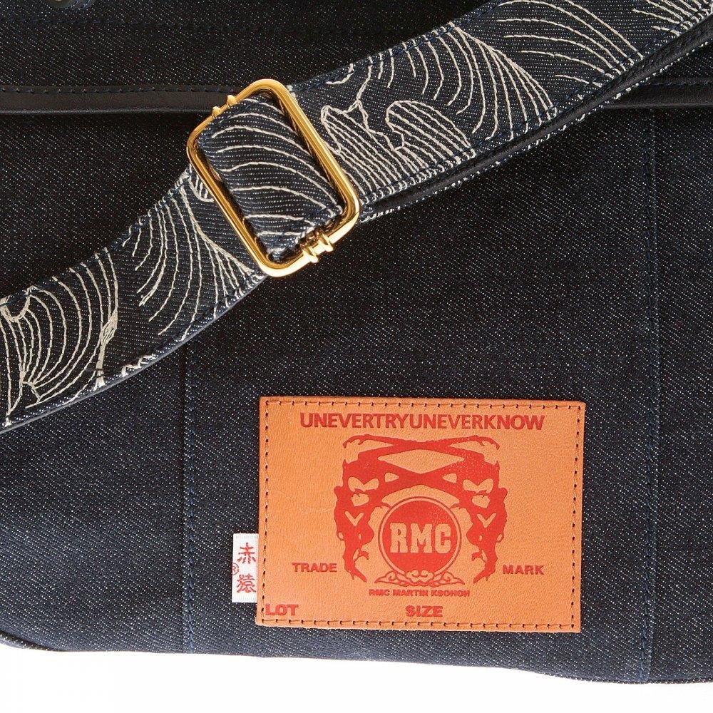 RMC JEANS FULLY LINED UNISEX DENIM SHOULDER BAG WITH LEATHER HANDLES, ZIP PULLS AND TRIM REDM5528