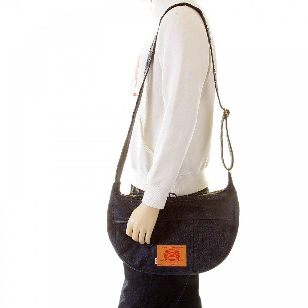 RMC JEANS FULLY LINED UNISEX DENIM SHOULDER BAG WITH LEATHER HANDLES, ZIP PULLS AND TRIM REDM5528