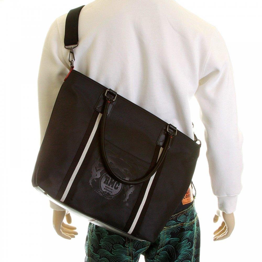RMC JEANS LEATHER BASE UNISEX NYLON SHOPPER BAG IN BLACK WITH DETACHABLE CANVAS SHOULDER STRAP REDM5530