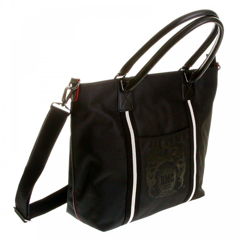 RMC JEANS LEATHER BASE UNISEX NYLON SHOPPER BAG IN BLACK WITH DETACHABLE CANVAS SHOULDER STRAP REDM5530