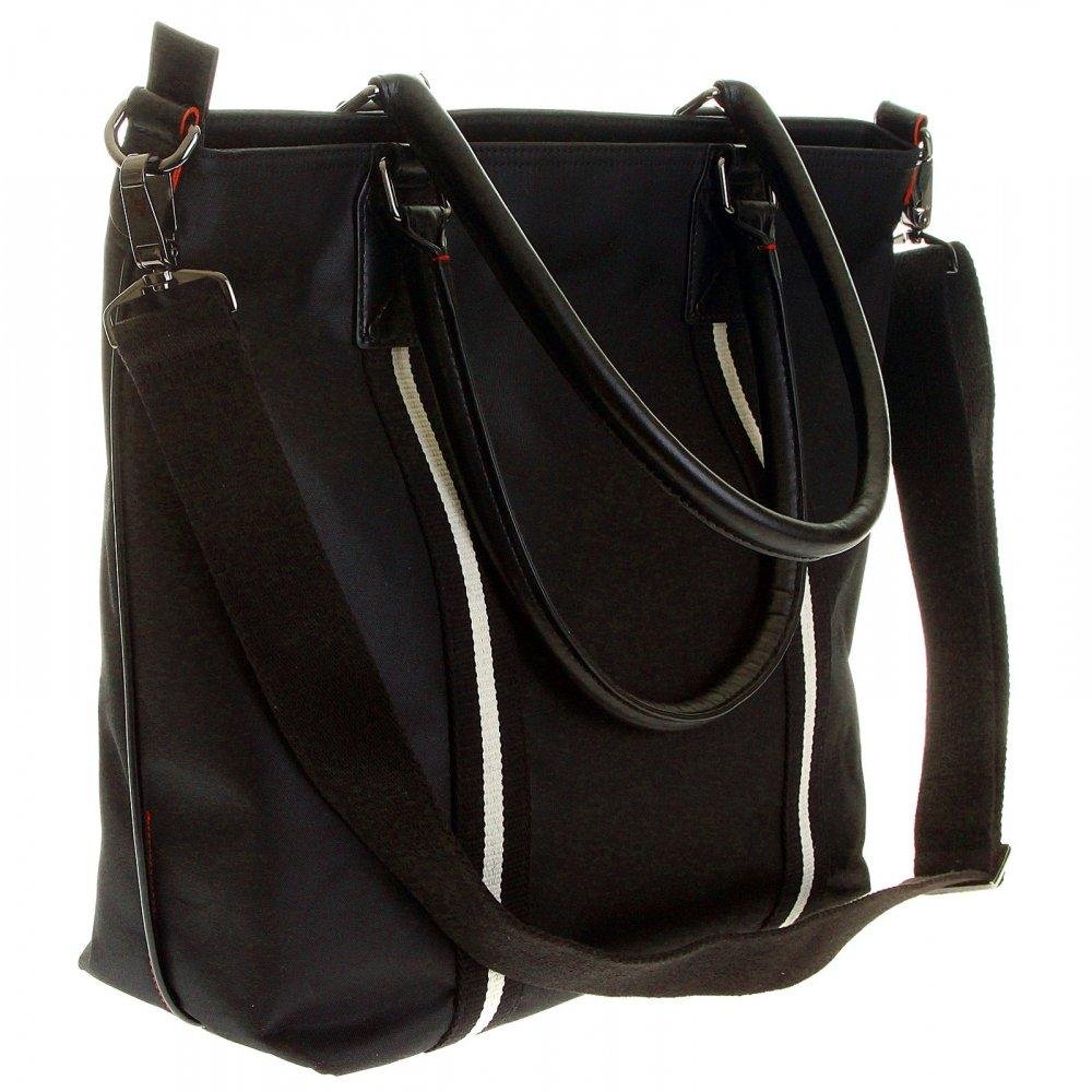 RMC JEANS LEATHER BASE UNISEX NYLON SHOPPER BAG IN BLACK WITH DETACHABLE CANVAS SHOULDER STRAP REDM5530