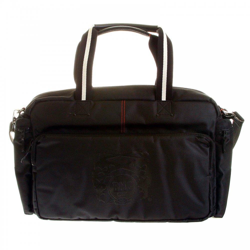 RMC JEANS HAND HELD UNISEX BLACK NYLON DESPATCH BAG WITH LEATHER BASE AND TRIM REDM5531