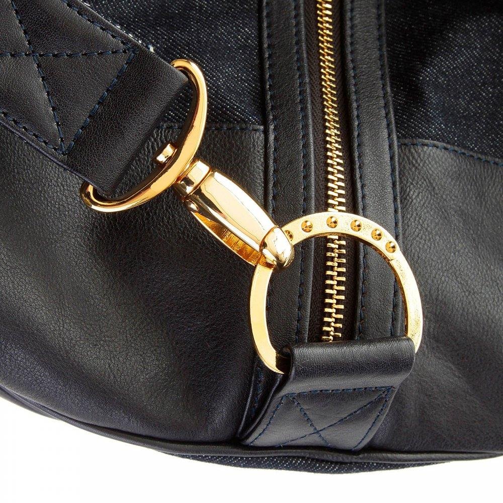 RMC JEANS UNISEX FULLY LINED DENIM WITH LEATHER DUFFLE BAG WITH PULL CORD CLOSURE TOP REDM5523