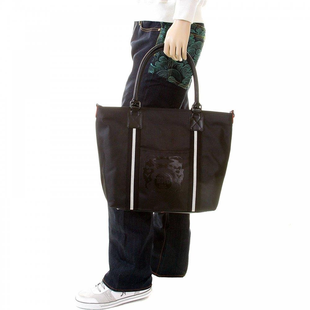 RMC JEANS LEATHER BASE UNISEX NYLON SHOPPER BAG IN BLACK WITH DETACHABLE CANVAS SHOULDER STRAP REDM5530