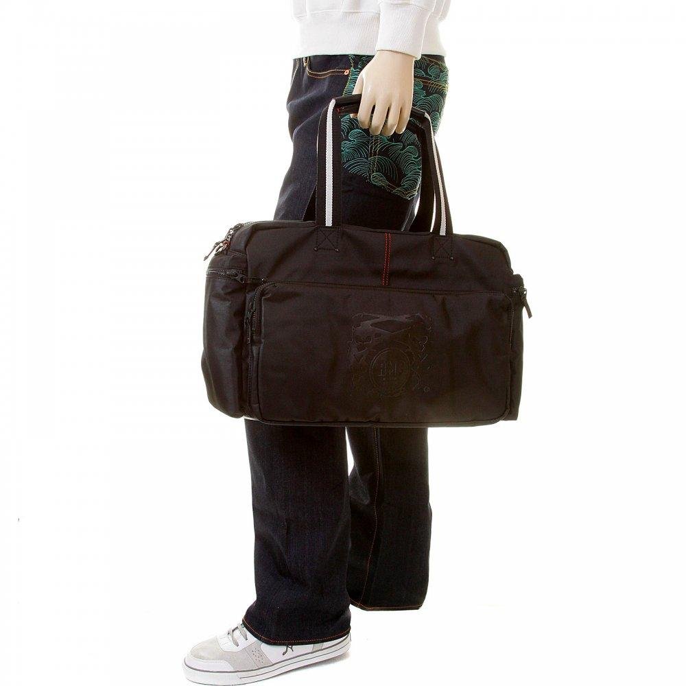 RMC JEANS HAND HELD UNISEX BLACK NYLON DESPATCH BAG WITH LEATHER BASE AND TRIM REDM5531