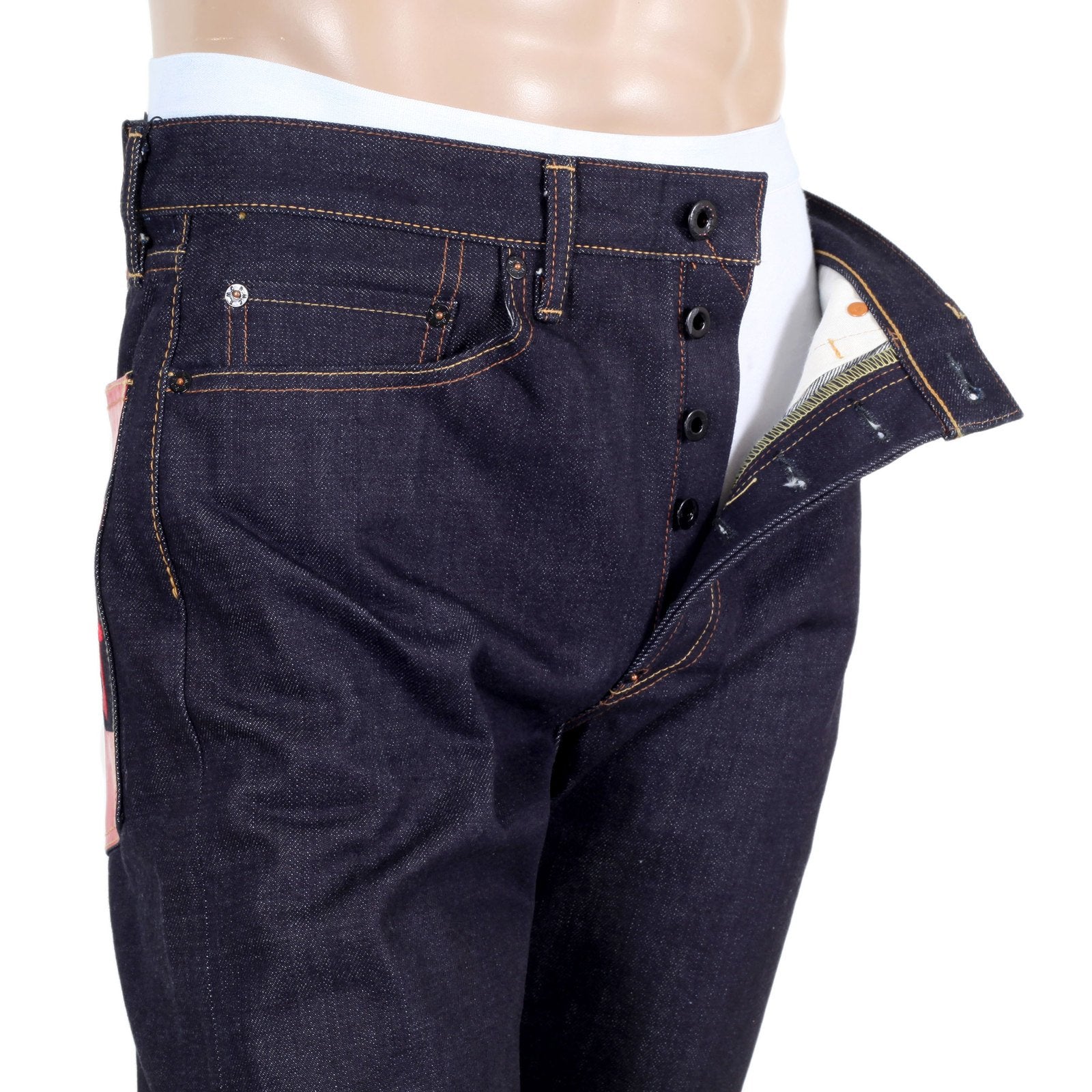 RMC RQP14123 SENGOKU PAINTED AND EMBROIDERED JAPANESE 1011 SLIMMER MODEL RAW SELVEDGE DENIM JEANS REDM4454