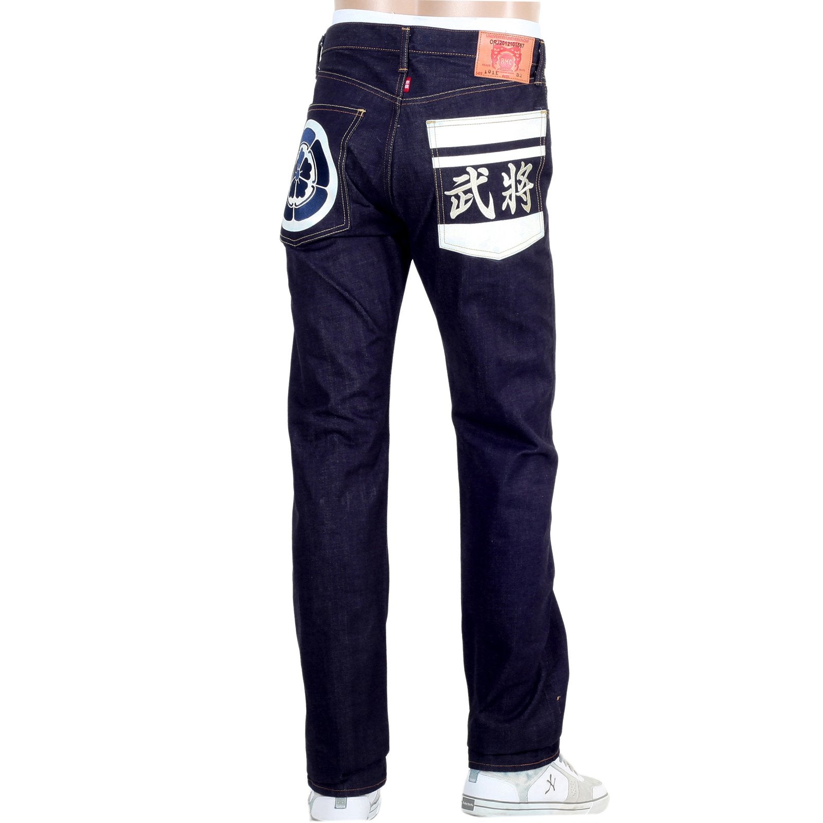 RMC INDIGO 1011 MODEL RAW SELVEDGE SLIM FIT JEANS WITH SENGOKU WHITE EMBROIDERED AND PAINTED POCKETS REDM4455