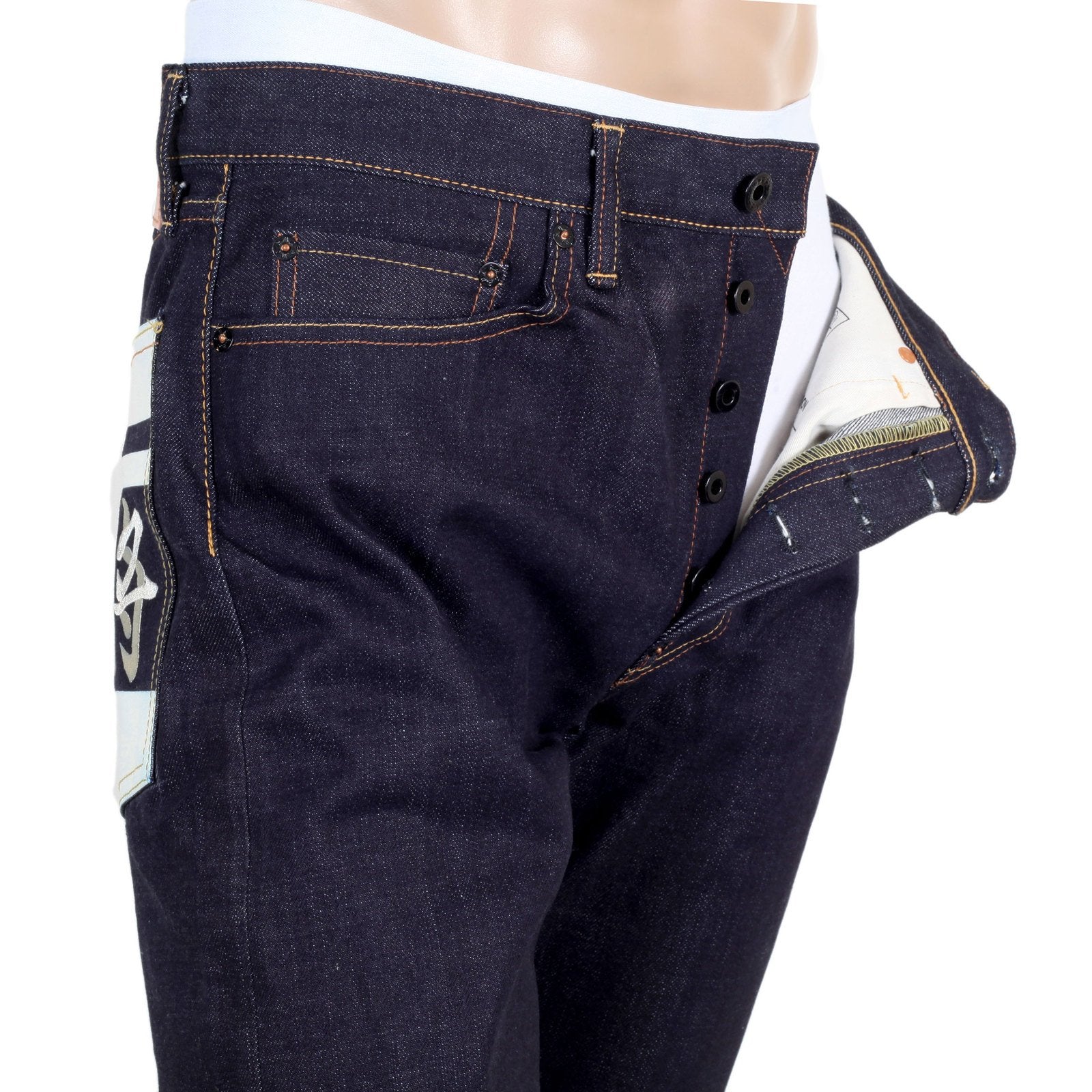 RMC INDIGO 1011 MODEL RAW SELVEDGE SLIM FIT JEANS WITH SENGOKU WHITE EMBROIDERED AND PAINTED POCKETS REDM4455
