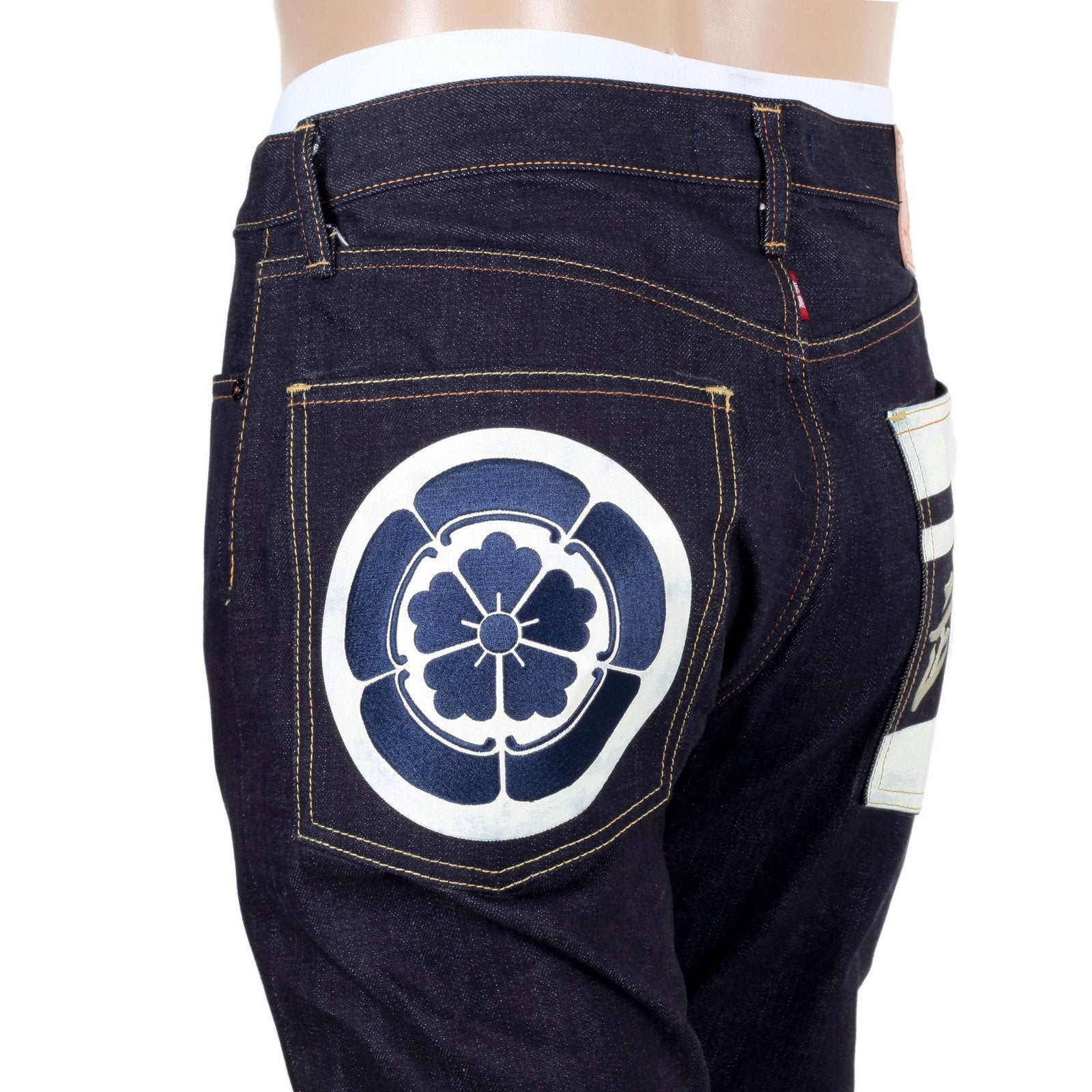 RMC INDIGO 1011 MODEL RAW SELVEDGE SLIM FIT JEANS WITH SENGOKU WHITE EMBROIDERED AND PAINTED POCKETS REDM4455