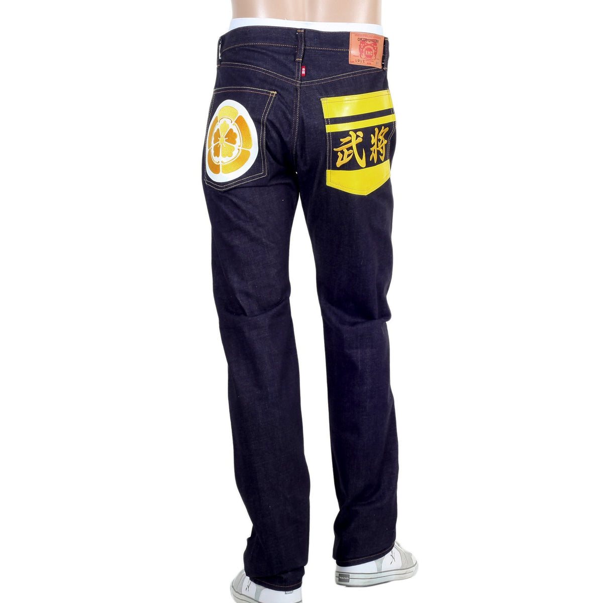RMC MENS YELLOW SENGOKU PAINTED AND EMBROIDERED 1011 SLIMMER MODEL RQP14123 SELVEDGE DENIM JEANS REDM4453