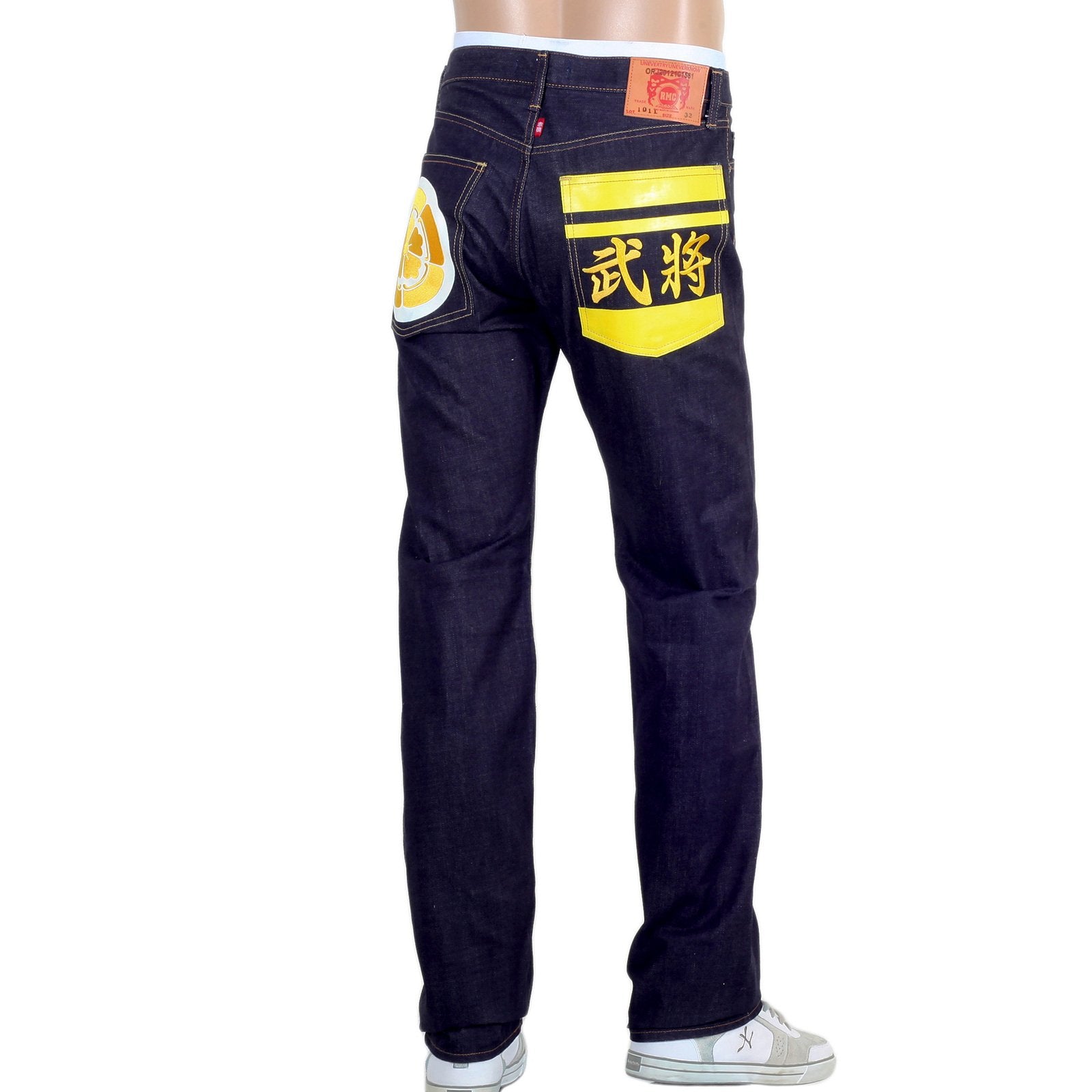 RMC MENS YELLOW SENGOKU PAINTED AND EMBROIDERED 1011 SLIMMER MODEL RQP14123 SELVEDGE DENIM JEANS REDM4453