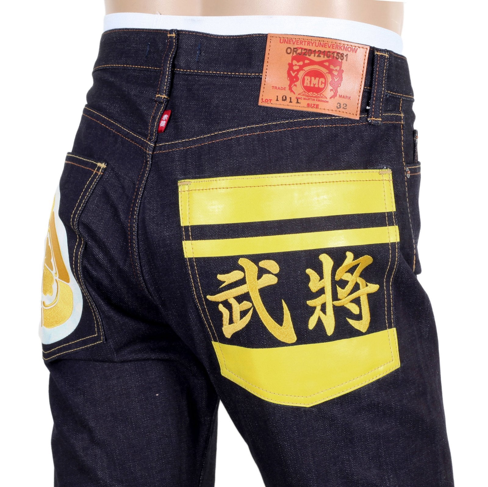 RMC MENS YELLOW SENGOKU PAINTED AND EMBROIDERED 1011 SLIMMER MODEL RQP14123 SELVEDGE DENIM JEANS REDM4453