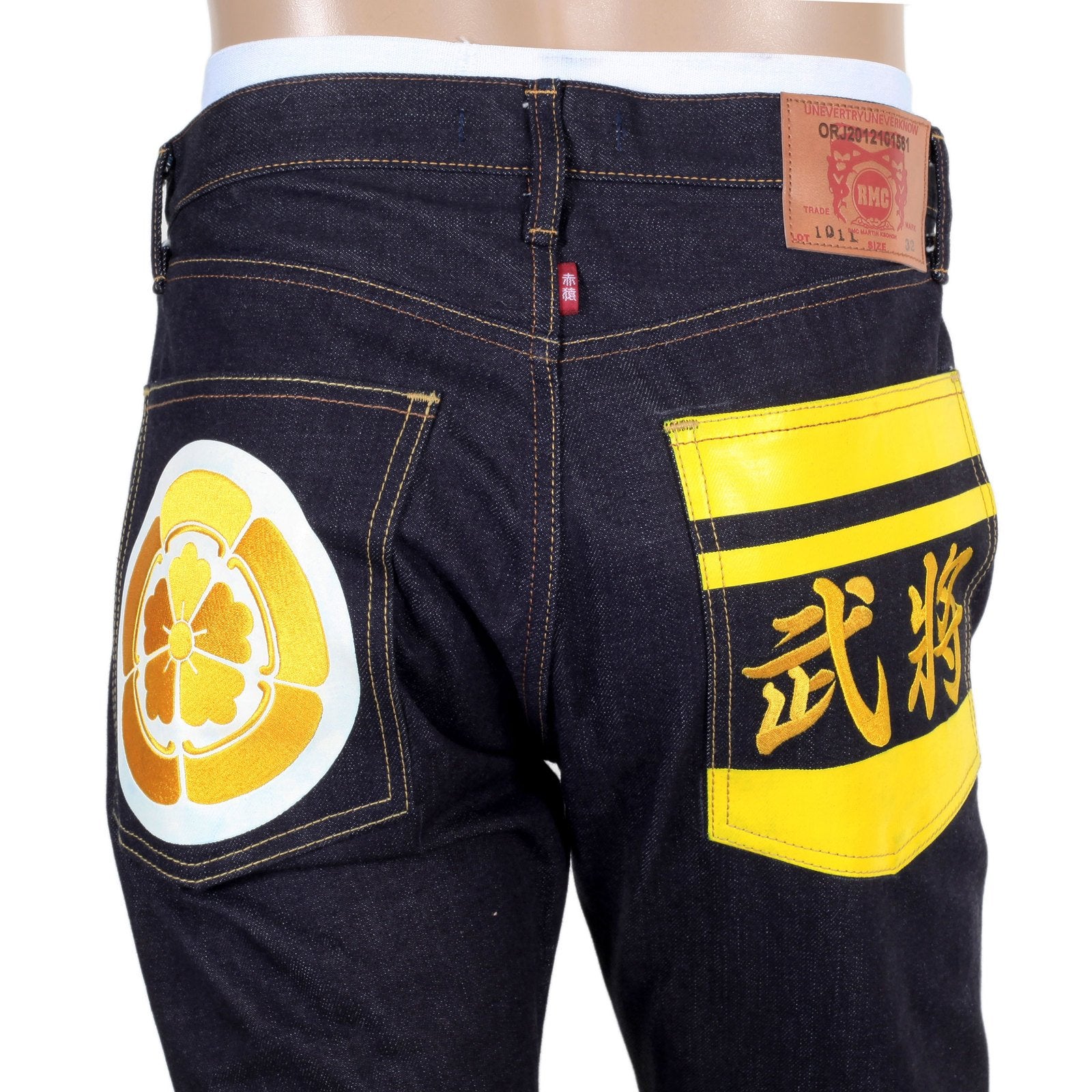 RMC MENS YELLOW SENGOKU PAINTED AND EMBROIDERED 1011 SLIMMER MODEL RQP14123 SELVEDGE DENIM JEANS REDM4453