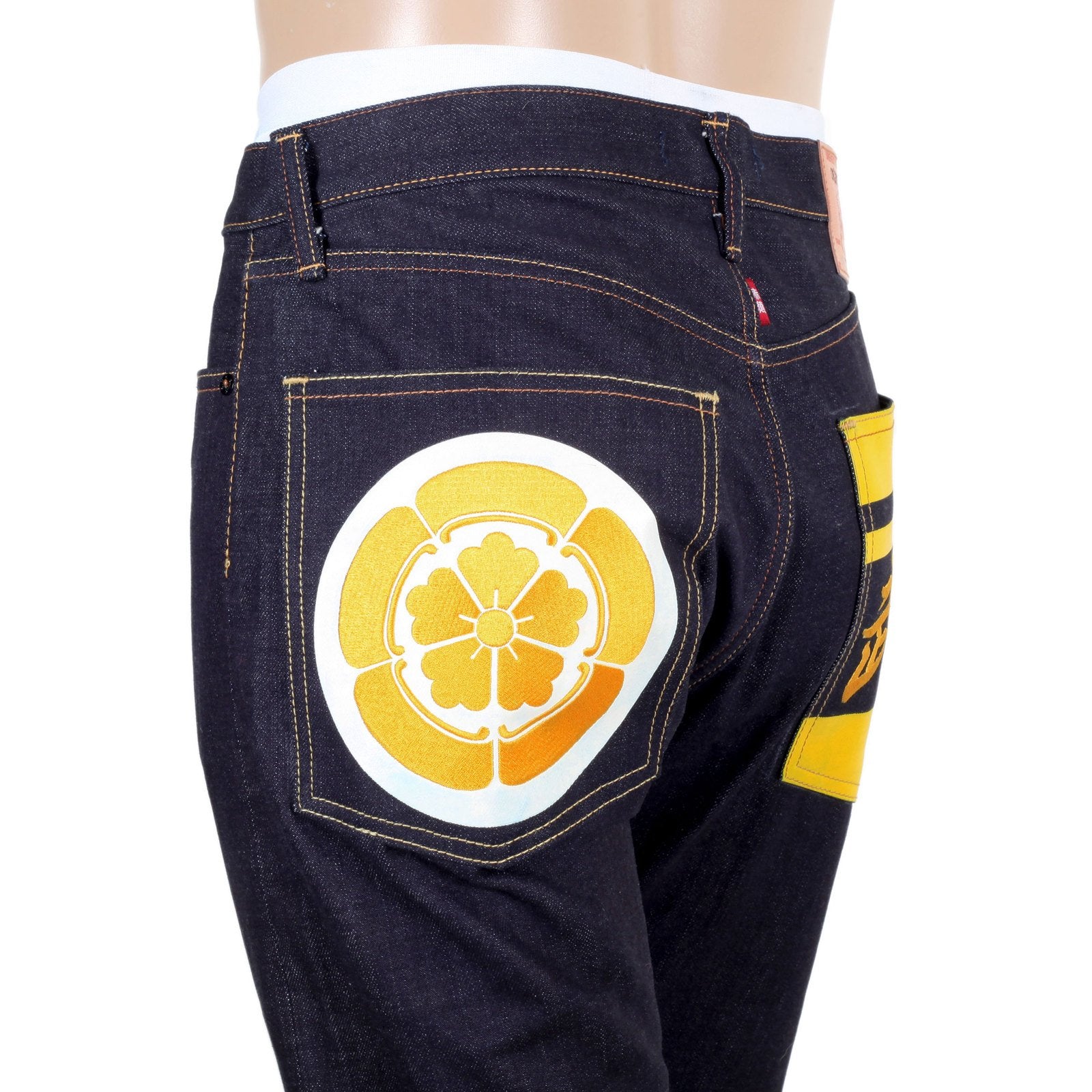 RMC MENS YELLOW SENGOKU PAINTED AND EMBROIDERED 1011 SLIMMER MODEL RQP14123 SELVEDGE DENIM JEANS REDM4453