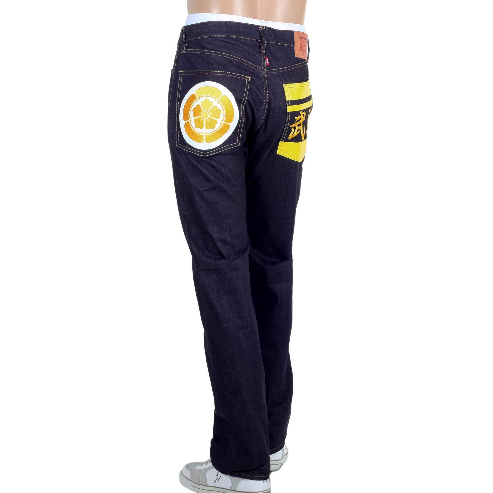 RMC MENS YELLOW SENGOKU PAINTED AND EMBROIDERED 1011 SLIMMER MODEL RQP14123 SELVEDGE DENIM JEANS REDM4453