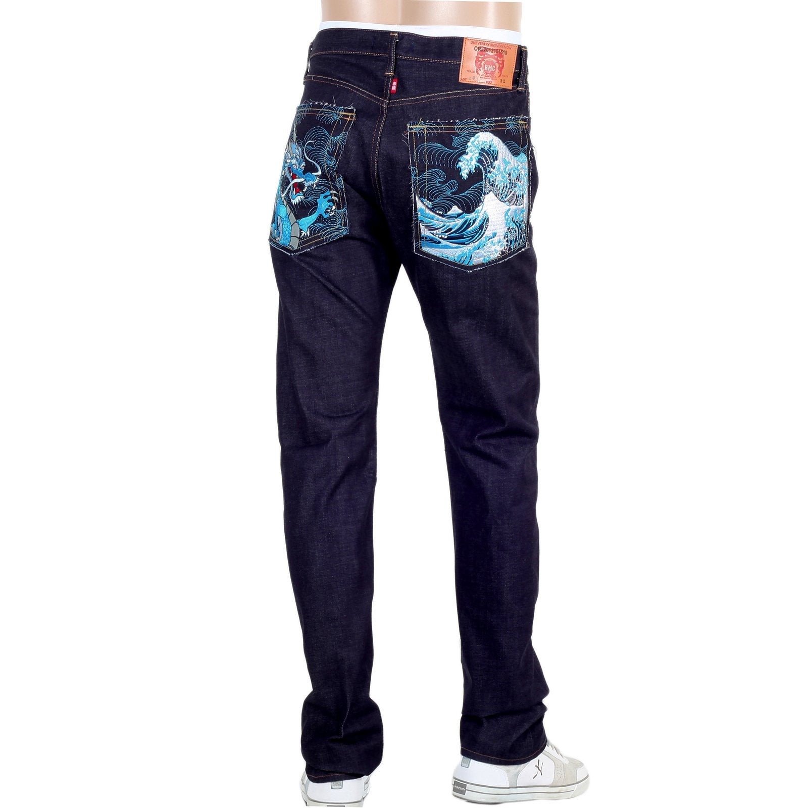 RMC MARTIN KSOHOH INDIGO RAW SELVEDGE DENIM JEANS WITH DRAGON AND TSUNAMI WAVE EMBROIDERY REDM4456