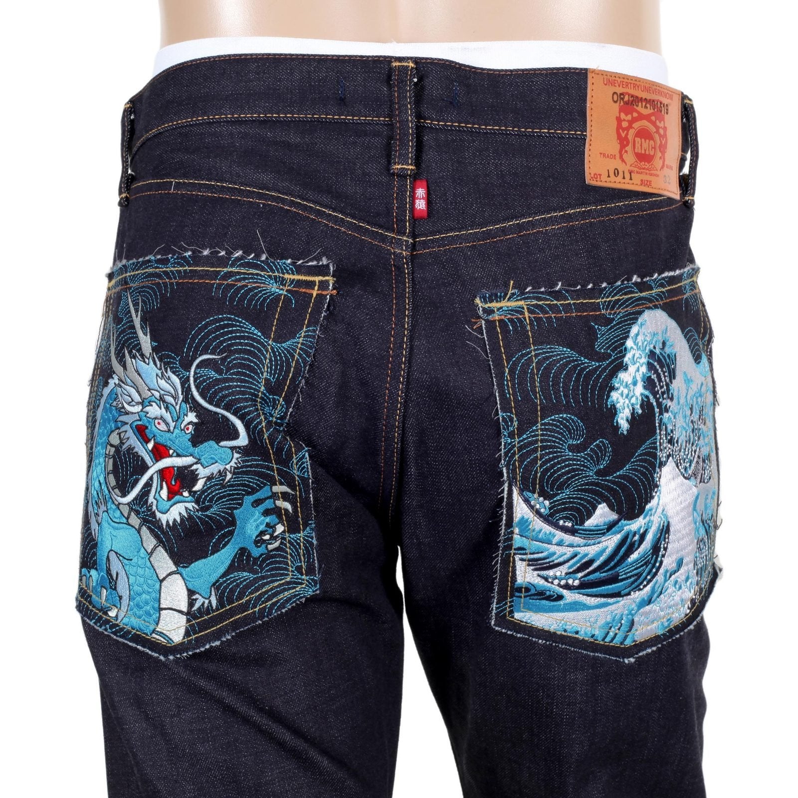 RMC MARTIN KSOHOH INDIGO RAW SELVEDGE DENIM JEANS WITH DRAGON AND TSUNAMI WAVE EMBROIDERY REDM4456