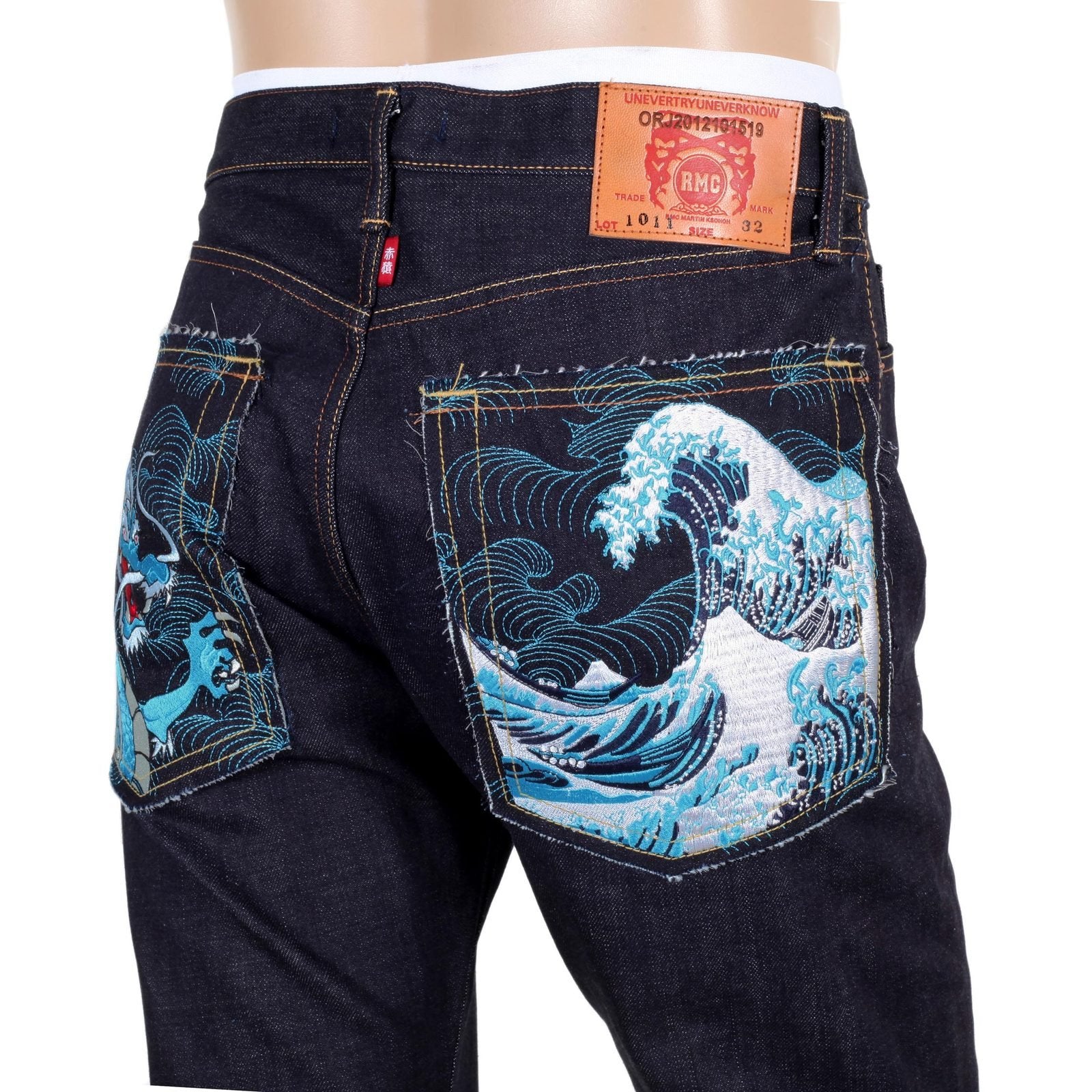 RMC MARTIN KSOHOH INDIGO RAW SELVEDGE DENIM JEANS WITH DRAGON AND TSUNAMI WAVE EMBROIDERY REDM4456