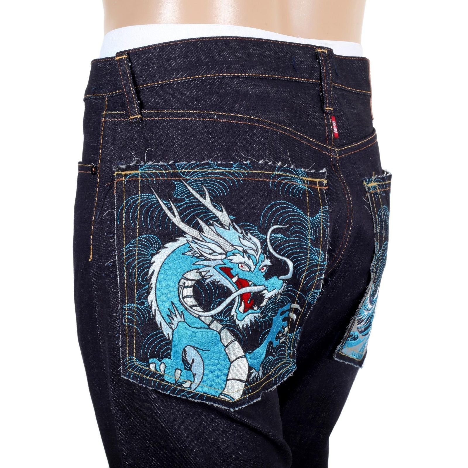 RMC MARTIN KSOHOH INDIGO RAW SELVEDGE DENIM JEANS WITH DRAGON AND TSUNAMI WAVE EMBROIDERY REDM4456