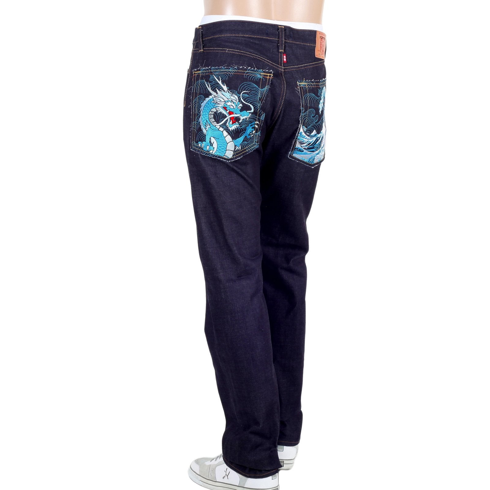 RMC MARTIN KSOHOH INDIGO RAW SELVEDGE DENIM JEANS WITH DRAGON AND TSUNAMI WAVE EMBROIDERY REDM4456