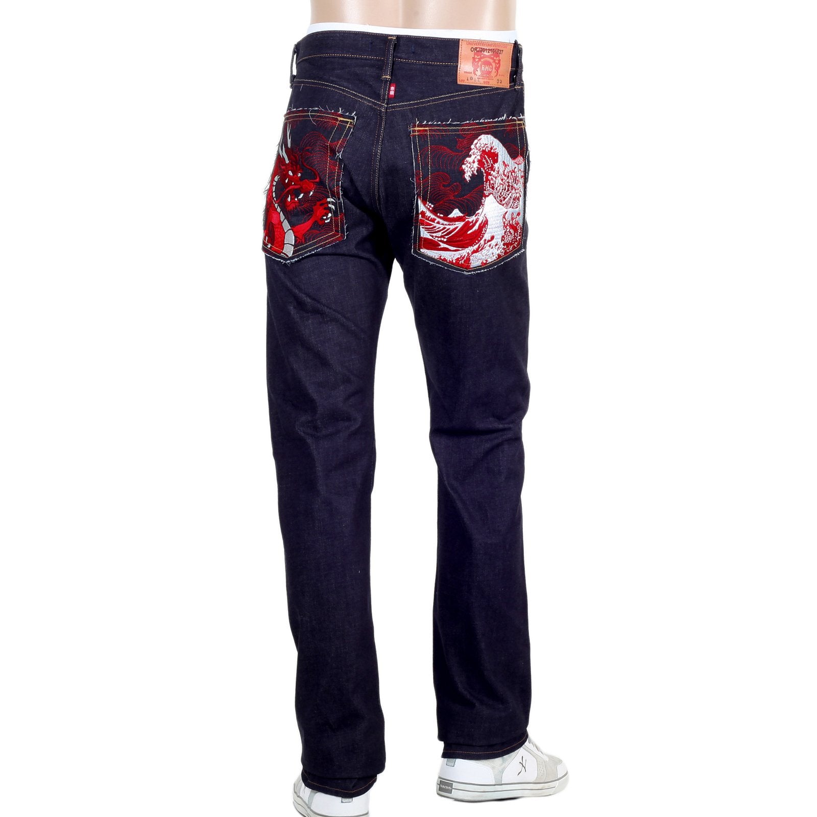 RMC JAPANESE SELVEDGE DENIM 1011 SLIMMER MODEL RQP14121 RED DRAGON AND TSUNAMI WAVE EMBROIDERED JEANS FOR MEN REDM4459