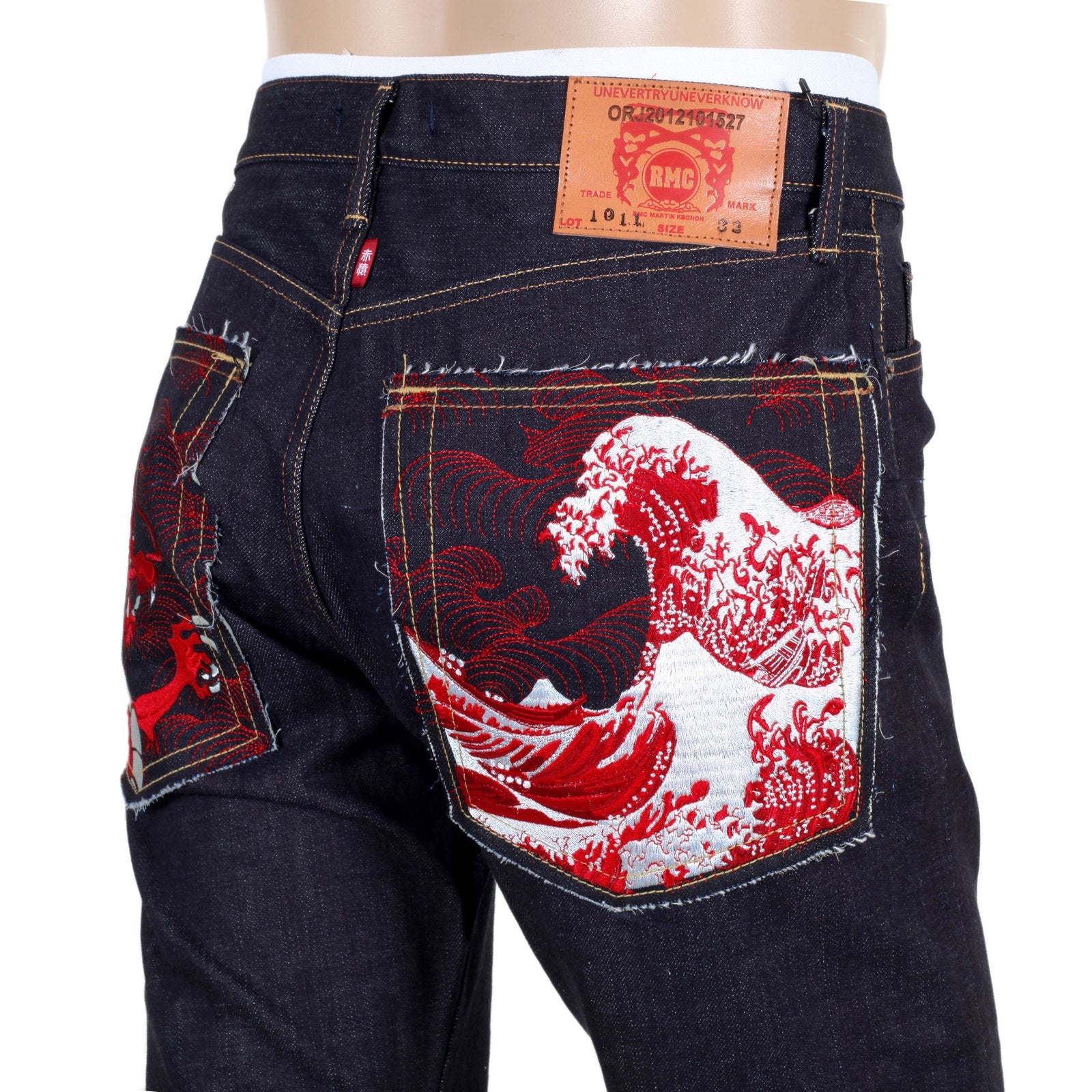RMC JAPANESE SELVEDGE DENIM 1011 SLIMMER MODEL RQP14121 RED DRAGON AND TSUNAMI WAVE EMBROIDERED JEANS FOR MEN REDM4459