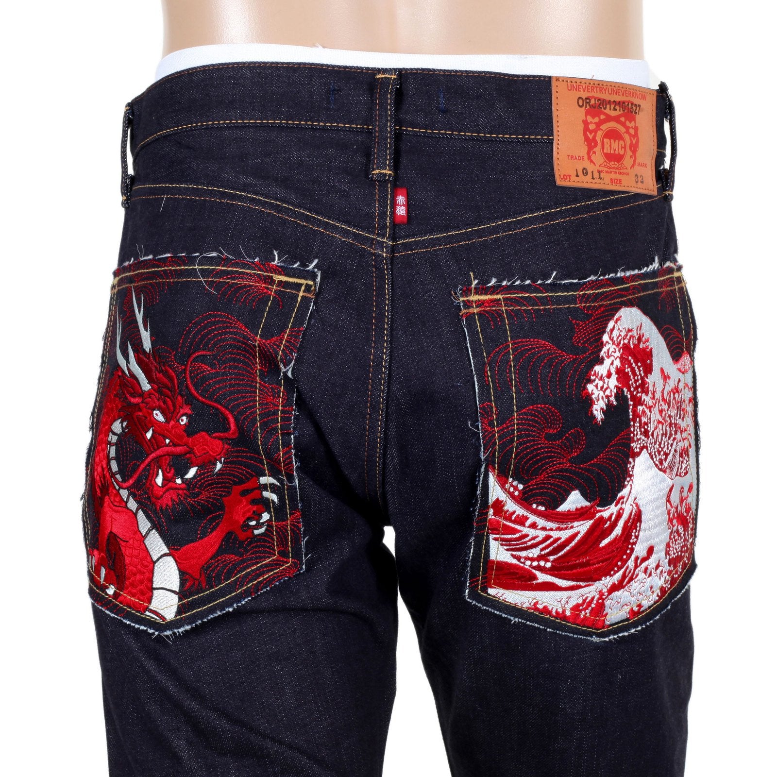 RMC JAPANESE SELVEDGE DENIM 1011 SLIMMER MODEL RQP14121 RED DRAGON AND TSUNAMI WAVE EMBROIDERED JEANS FOR MEN REDM4459