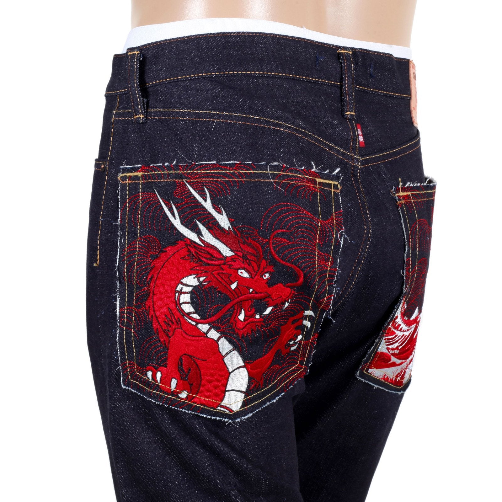 RMC JAPANESE SELVEDGE DENIM 1011 SLIMMER MODEL RQP14121 RED DRAGON AND TSUNAMI WAVE EMBROIDERED JEANS FOR MEN REDM4459